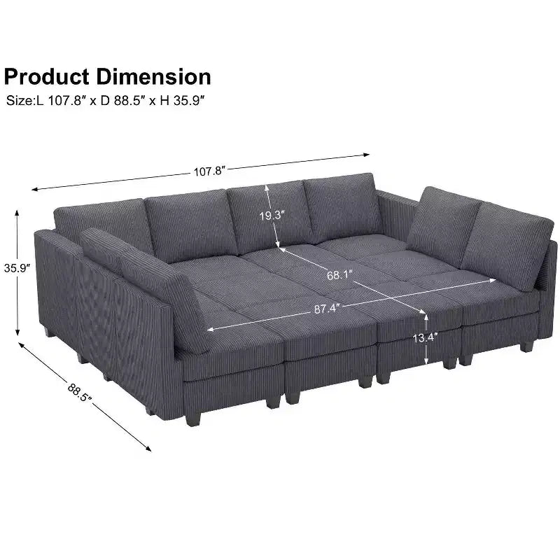 Canapé convertible modulaire sectionnel Belffin en velours côtelé, 12 places surdimensionné avec rangement pour salon