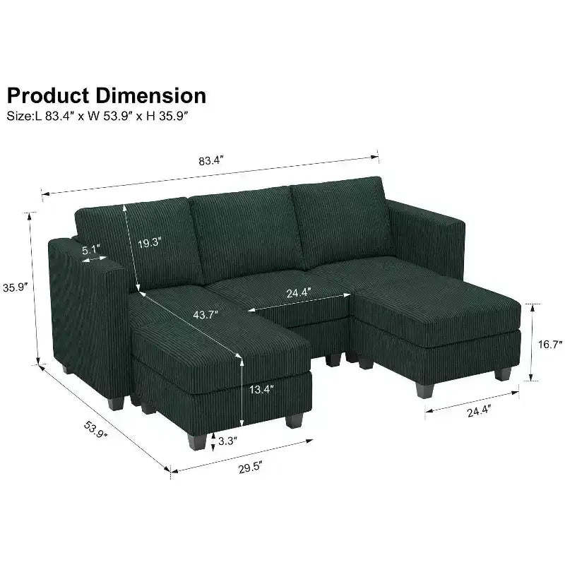 Canapé-lit modulaire sectionnel Belffin avec pouf de rangement, canapé sectionnel de luxe en velours côtelé avec méridienne convertible moderne pour salon