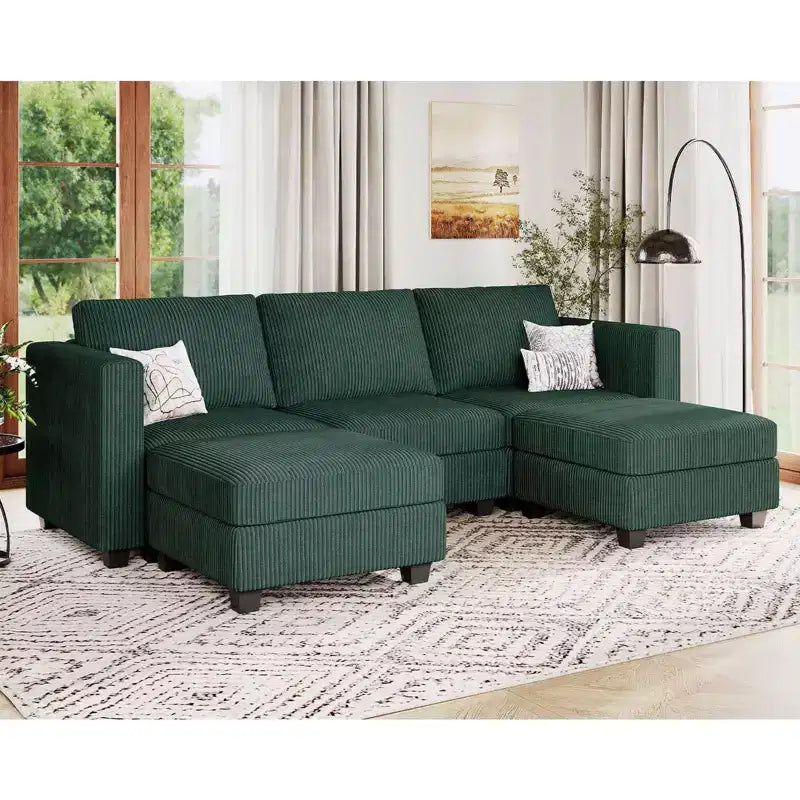 Canapé-lit modulaire sectionnel Belffin avec pouf de rangement, canapé sectionnel de luxe en velours côtelé avec méridienne convertible moderne pour salon