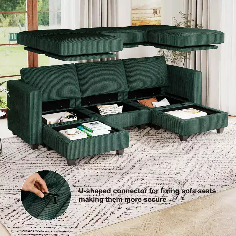 Canapé-lit modulaire sectionnel Belffin avec pouf de rangement, canapé sectionnel de luxe en velours côtelé avec méridienne convertible moderne pour salon