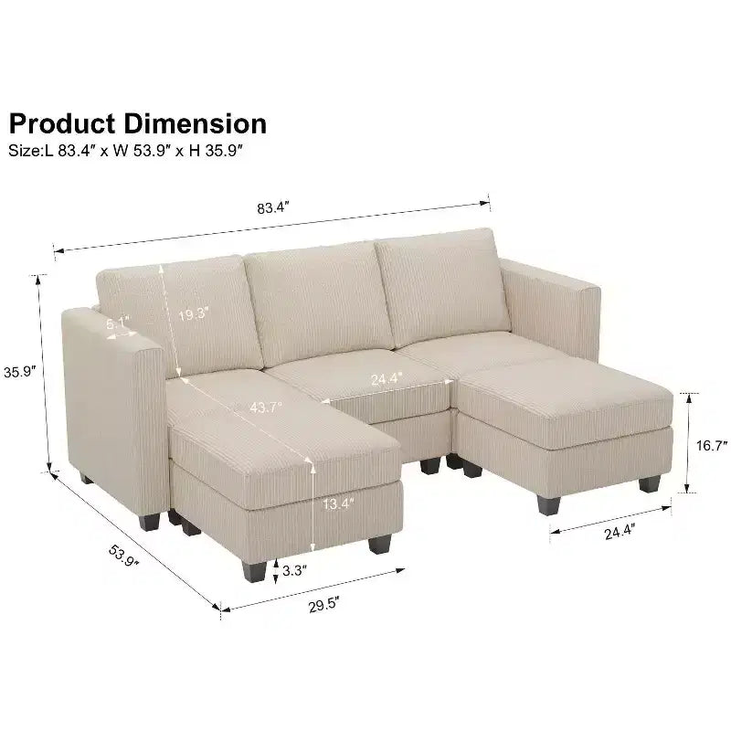 Canapé-lit modulaire sectionnel Belffin avec pouf de rangement, canapé sectionnel de luxe en velours côtelé avec méridienne convertible moderne pour salon