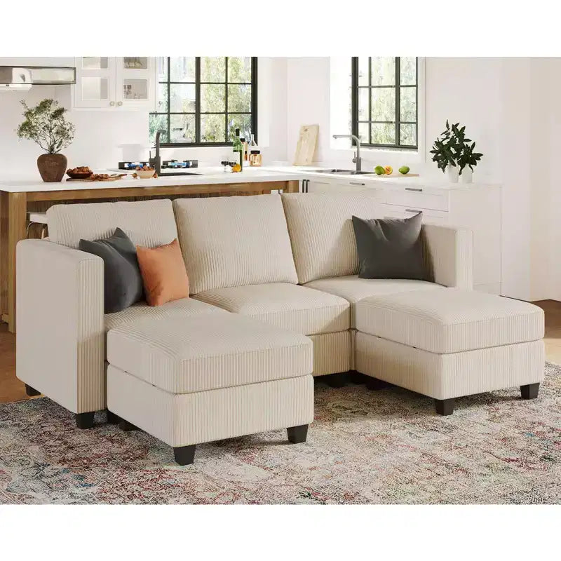 Canapé-lit modulaire sectionnel Belffin avec pouf de rangement, canapé sectionnel de luxe en velours côtelé avec méridienne convertible moderne pour salon