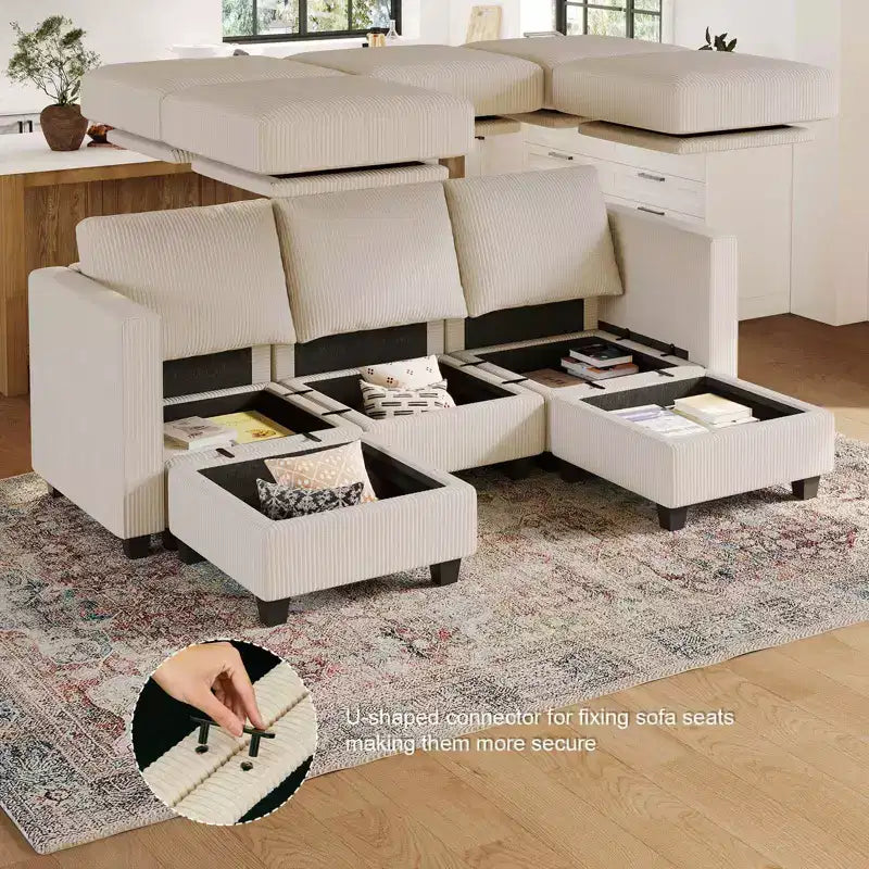 Canapé-lit modulaire sectionnel Belffin avec pouf de rangement, canapé sectionnel de luxe en velours côtelé avec méridienne convertible moderne pour salon