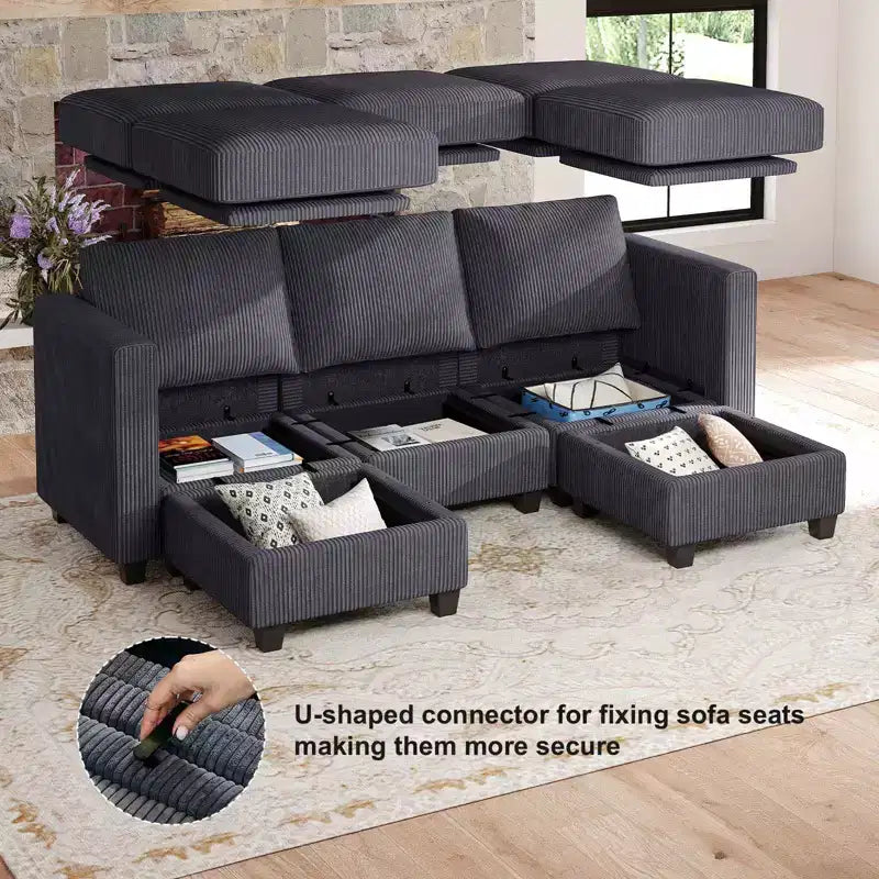Canapé-lit modulaire sectionnel Belffin avec pouf de rangement, canapé sectionnel de luxe en velours côtelé avec méridienne convertible moderne pour salon