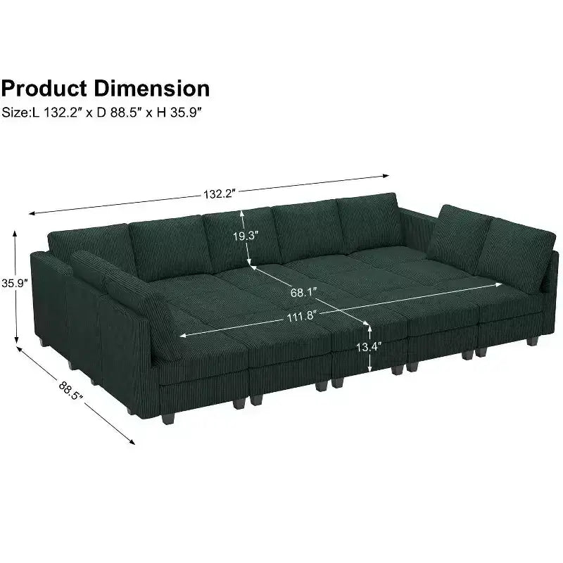 Grand canapé sectionnel modulaire Belffin 15 places avec rangement, canapé-lit sectionnel en velours côtelé, grand canapé modulaire convertible pour salon