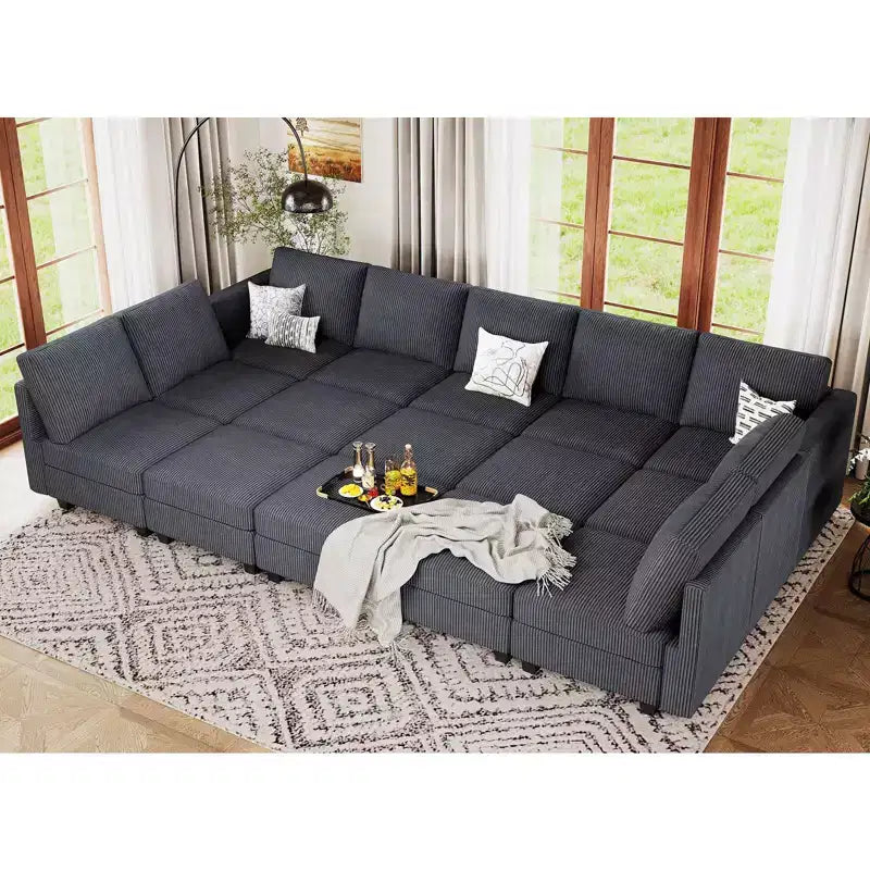 Grand canapé sectionnel modulaire Belffin 15 places avec rangement, canapé-lit sectionnel en velours côtelé, grand canapé modulaire convertible pour salon