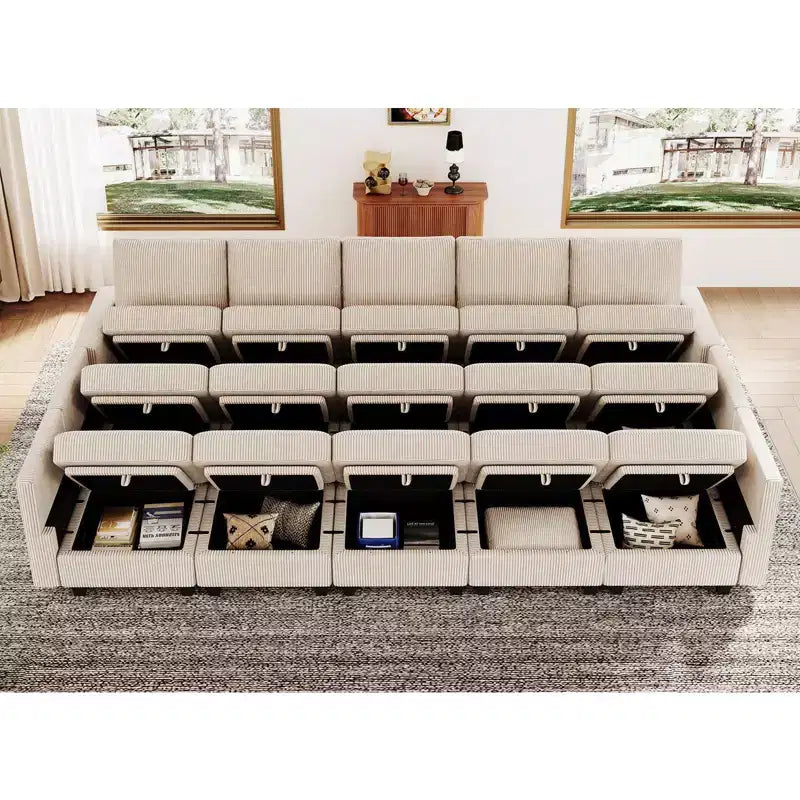 Grand canapé sectionnel modulaire Belffin 15 places avec rangement, canapé-lit sectionnel en velours côtelé, grand canapé modulaire convertible pour salon