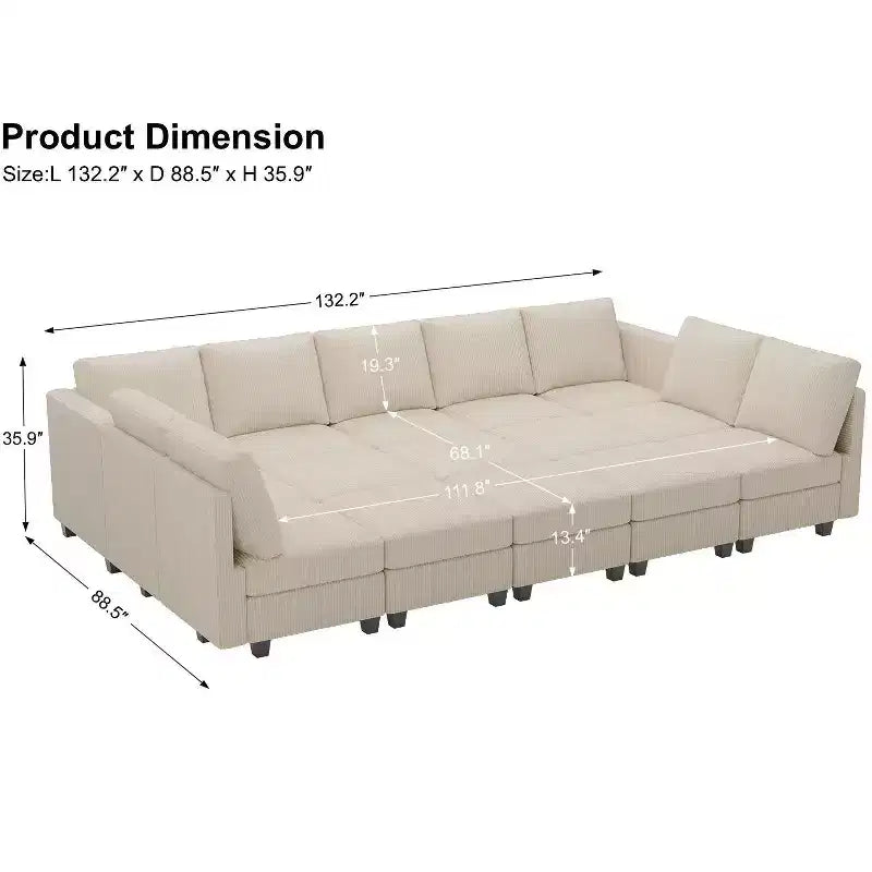 Grand canapé sectionnel modulaire Belffin 15 places avec rangement, canapé-lit sectionnel en velours côtelé, grand canapé modulaire convertible pour salon