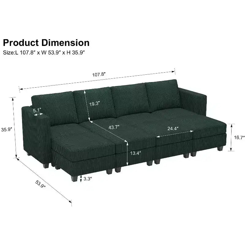 Canapé modulable surdimensionné Belffin, canapé sectionnel de luxe en velours côtelé avec pouf de rangement pour salon