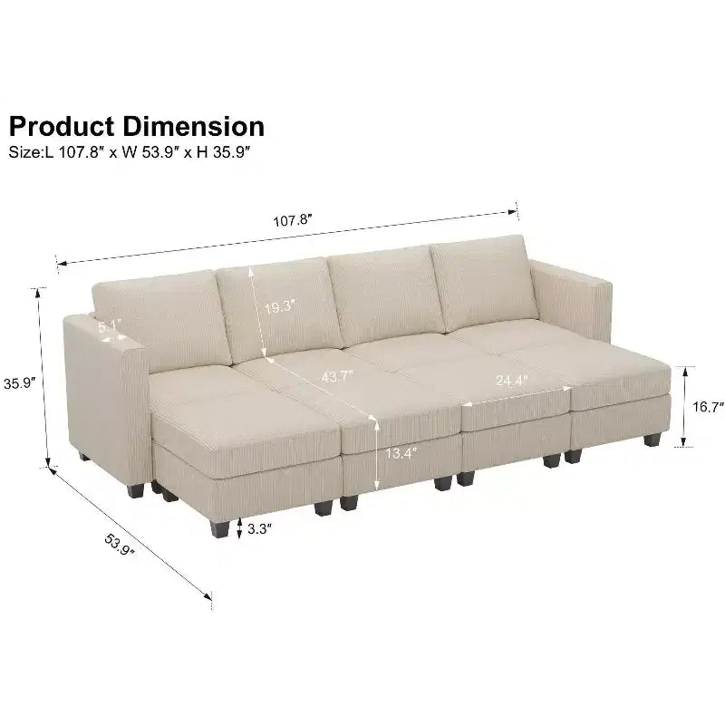 Canapé modulable surdimensionné Belffin, canapé sectionnel de luxe en velours côtelé avec pouf de rangement pour salon