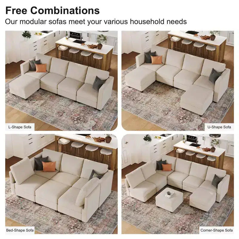 Canapé modulable surdimensionné Belffin, canapé sectionnel de luxe en velours côtelé avec pouf de rangement pour salon