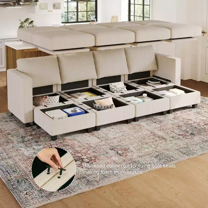Canapé modulable surdimensionné Belffin, canapé sectionnel de luxe en velours côtelé avec pouf de rangement pour salon
