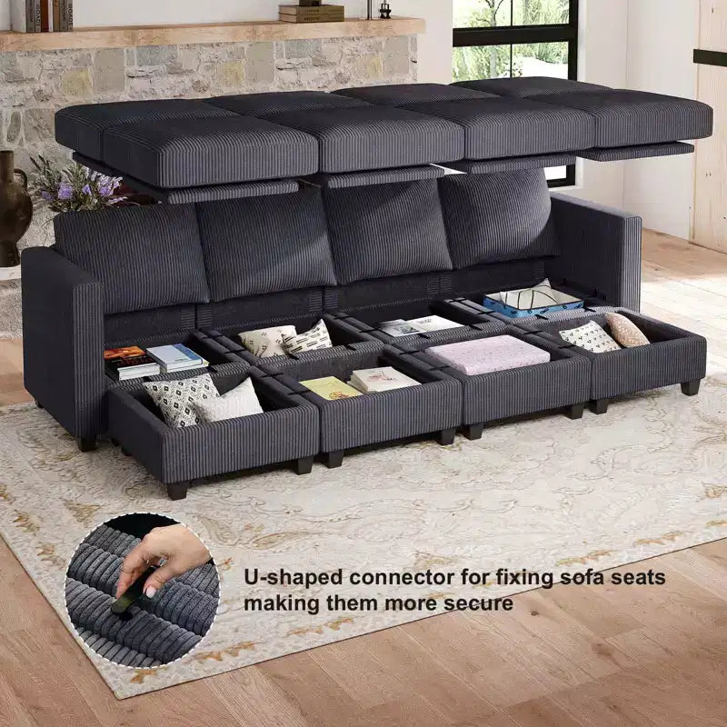 Canapé modulable surdimensionné Belffin, canapé sectionnel de luxe en velours côtelé avec pouf de rangement pour salon