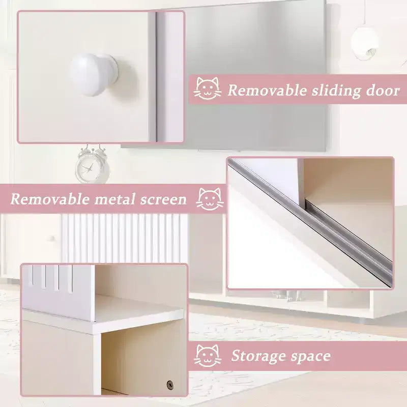 Meuble TV et litière pour chat, console TV avec armoire de rangement et porte coulissante amovible, Blanc crème-ModernLuxe