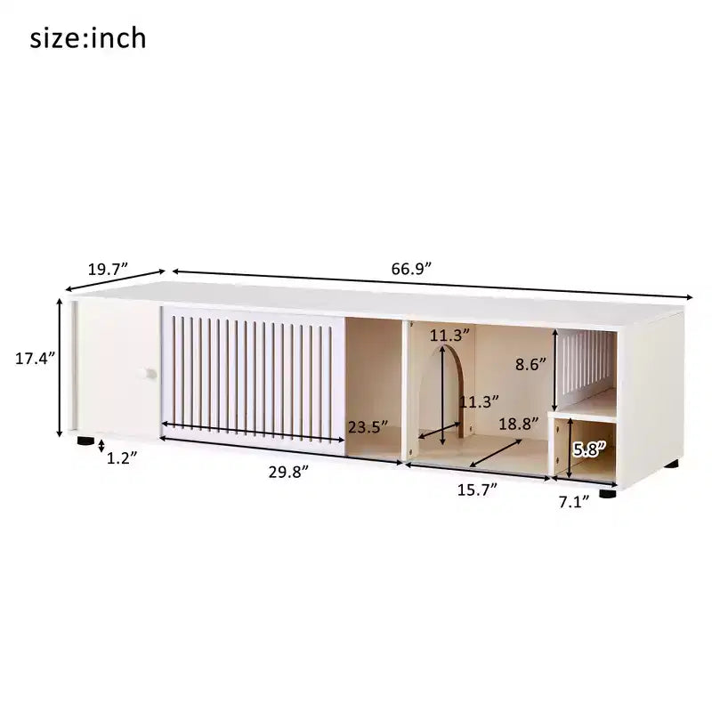Meuble TV et litière pour chat, console TV avec armoire de rangement et porte coulissante amovible, Blanc crème-ModernLuxe