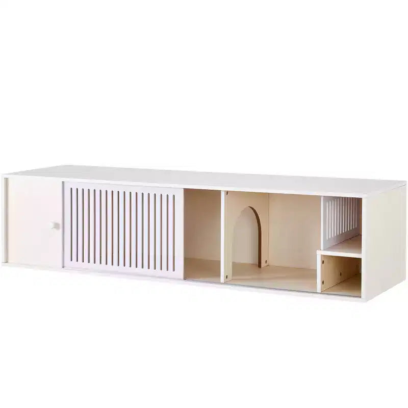 Meuble TV et litière pour chat, console TV avec armoire de rangement et porte coulissante amovible, Blanc crème-ModernLuxe