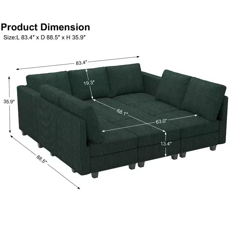 Belffin Canapé-lit modulaire en velours côtelé 9 places convertible avec poufs de rangement Canapé-lit modulaire pour salon