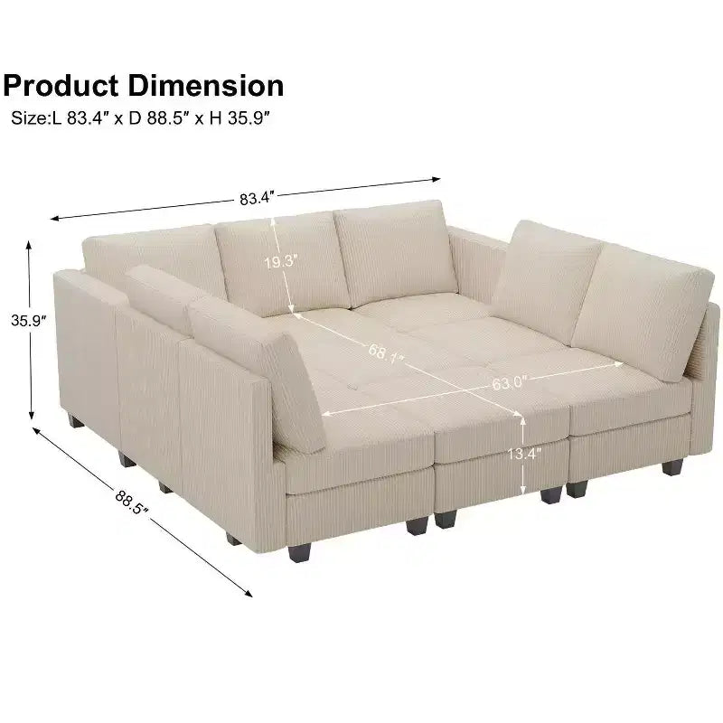Belffin Canapé-lit modulaire en velours côtelé 9 places convertible avec poufs de rangement Canapé-lit modulaire pour salon