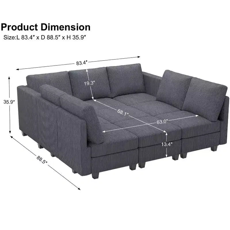 Belffin Canapé-lit modulaire en velours côtelé 9 places convertible avec poufs de rangement Canapé-lit modulaire pour salon