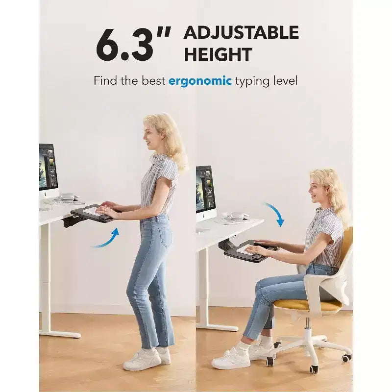 HUANUO Plateau de clavier sous le bureau, réglable à 360° et ergonomique, coulissant pour un accès facile, 63,5 cm L x 25 cm P, idéal pour la maison ou le bureau