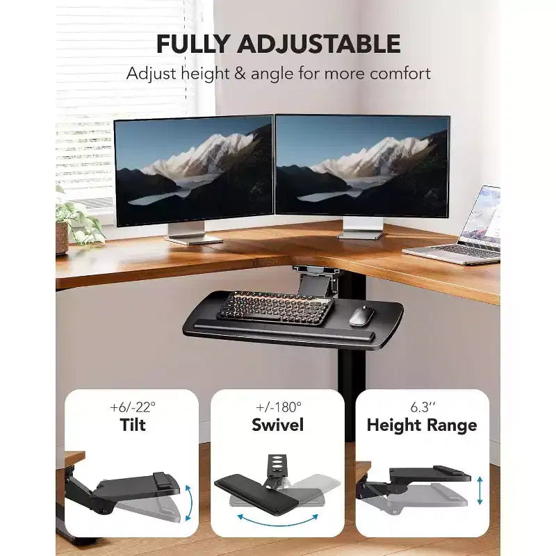 HUANUO Plateau de clavier sous le bureau, réglable à 360° et ergonomique, coulissant pour un accès facile, 63,5 cm L x 25 cm P, idéal pour la maison ou le bureau