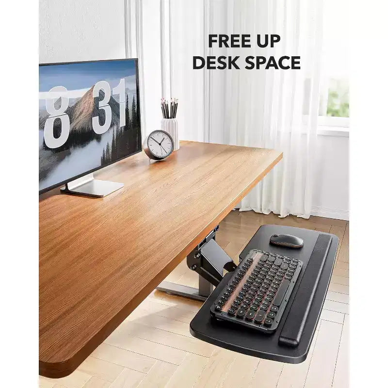 HUANUO Plateau de clavier sous le bureau, réglable à 360° et ergonomique, coulissant pour un accès facile, 63,5 cm L x 25 cm P, idéal pour la maison ou le bureau
