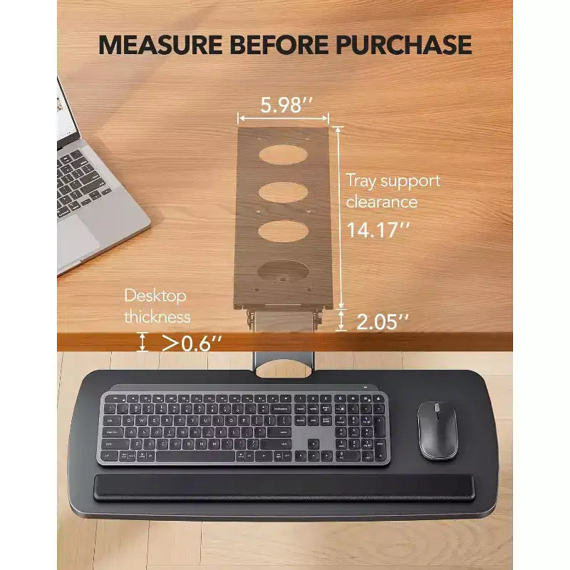 HUANUO Plateau de clavier sous le bureau, réglable à 360° et ergonomique, coulissant pour un accès facile, 63,5 cm L x 25 cm P, idéal pour la maison ou le bureau