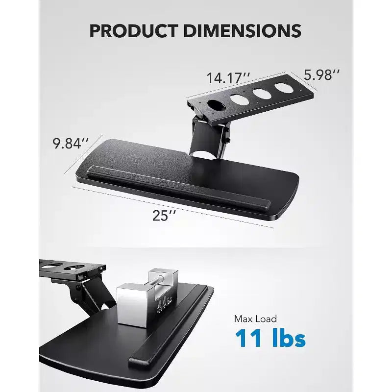 HUANUO Plateau de clavier sous le bureau, réglable à 360° et ergonomique, coulissant pour un accès facile, 63,5 cm L x 25 cm P, idéal pour la maison ou le bureau