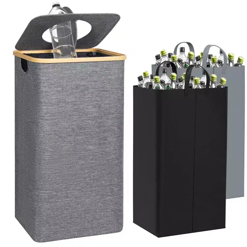 Hausource 100L Gray Laundry Hamper & Recycling Bin with Lid, 2 Liners, Collapsible, Waterproof