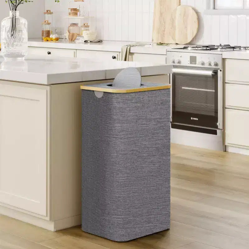 Panier à Linge et Poubelle de Recyclage Hausource 100L Gris avec Couvercle, 2 Sacs Intérieurs, Pliable, Imperméable