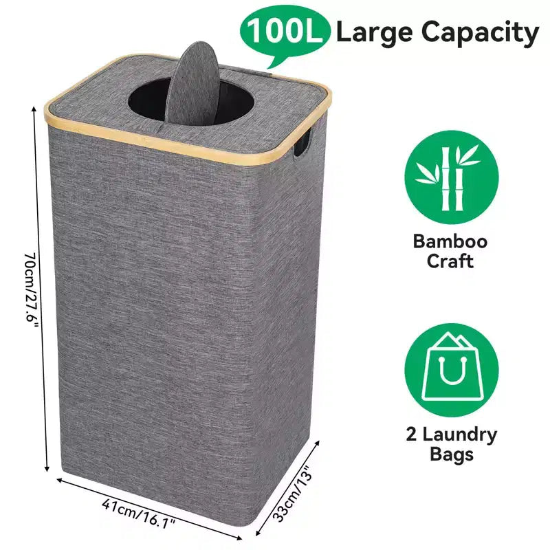 Panier à Linge et Poubelle de Recyclage Hausource 100L Gris avec Couvercle, 2 Sacs Intérieurs, Pliable, Imperméable