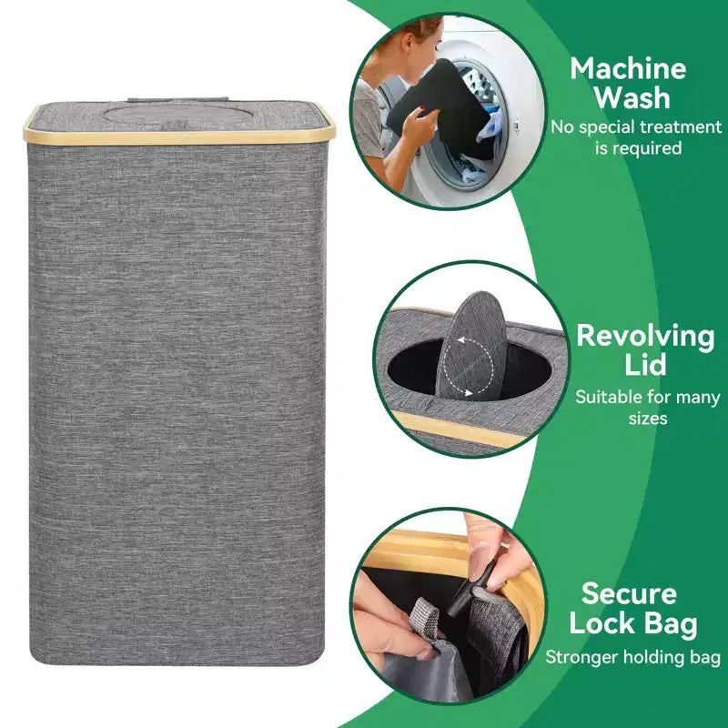 Panier à Linge et Poubelle de Recyclage Hausource 100L Gris avec Couvercle, 2 Sacs Intérieurs, Pliable, Imperméable
