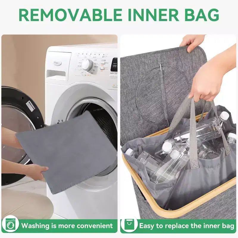 Panier à Linge et Poubelle de Recyclage Hausource 100L Gris avec Couvercle, 2 Sacs Intérieurs, Pliable, Imperméable