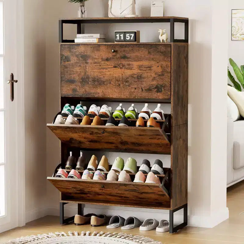 GARPROVM Mid-Century Wood Shoe Cabinet with 3 Flip Doors & Removable Shelves Entryway Shoe Storage