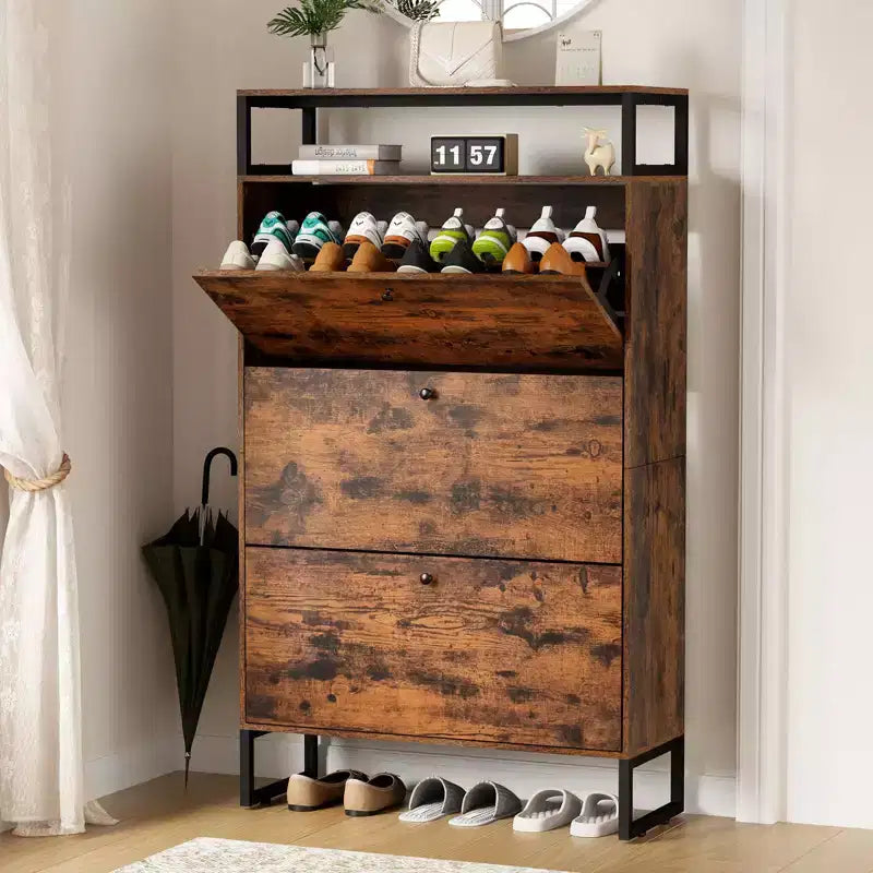 GARPROVM Meuble à chaussures en bois de style mi-siècle avec 3 portes basculantes et étagères amovibles, rangement pour chaussures d'entrée