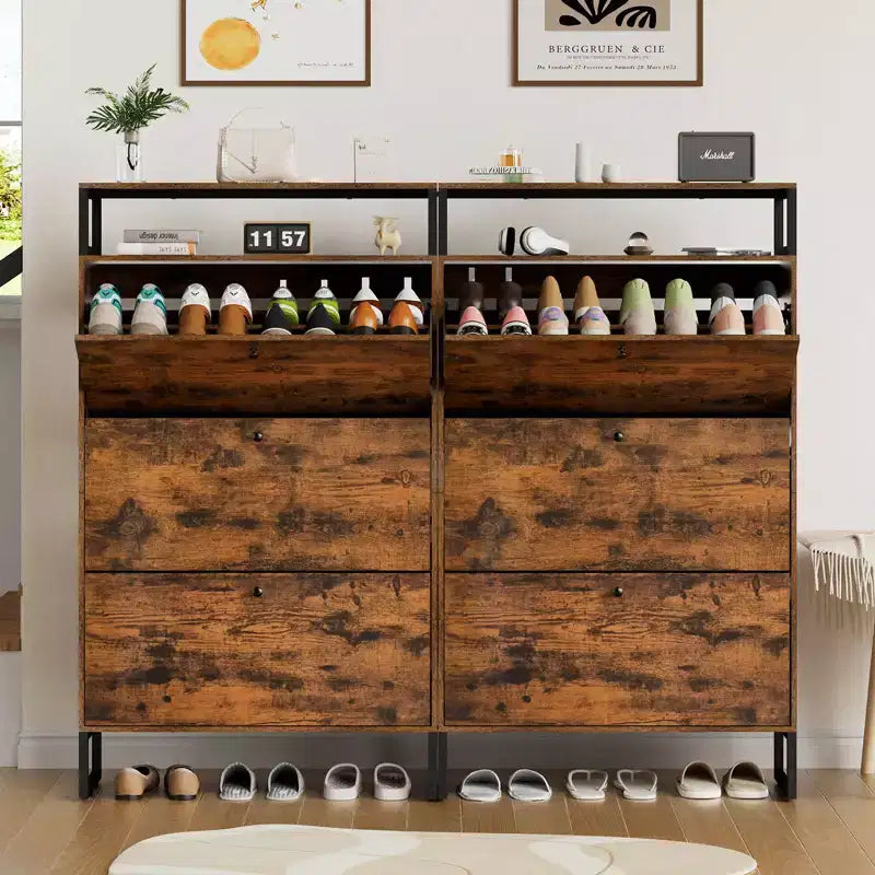 GARPROVM Meuble à chaussures en bois de style mi-siècle avec 3 portes basculantes et étagères amovibles, rangement pour chaussures d'entrée