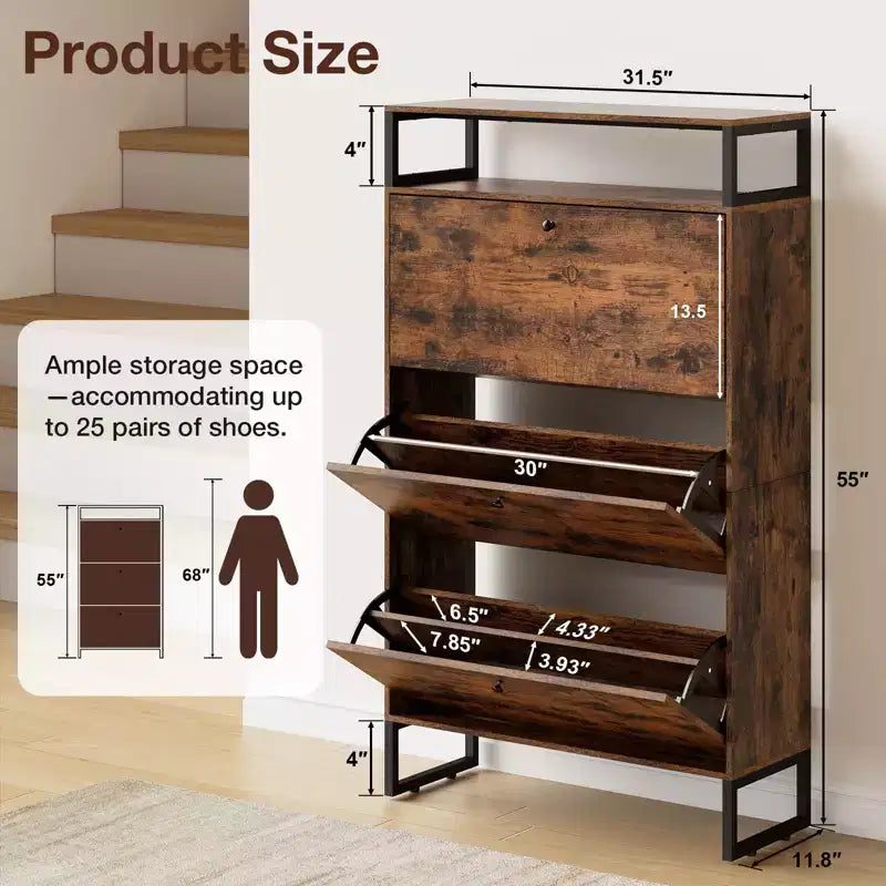 GARPROVM Meuble à chaussures en bois de style mi-siècle avec 3 portes basculantes et étagères amovibles, rangement pour chaussures d'entrée