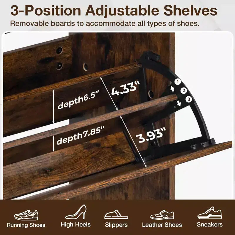 GARPROVM Meuble à chaussures en bois de style mi-siècle avec 3 portes basculantes et étagères amovibles, rangement pour chaussures d'entrée