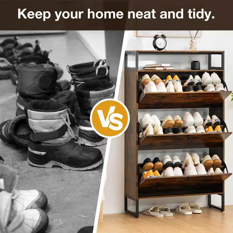 GARPROVM Meuble à chaussures en bois de style mi-siècle avec 3 portes basculantes et étagères amovibles, rangement pour chaussures d'entrée