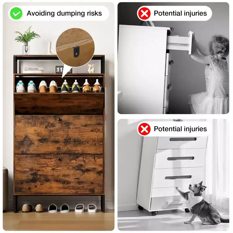 GARPROVM Meuble à chaussures en bois de style mi-siècle avec 3 portes basculantes et étagères amovibles, rangement pour chaussures d'entrée