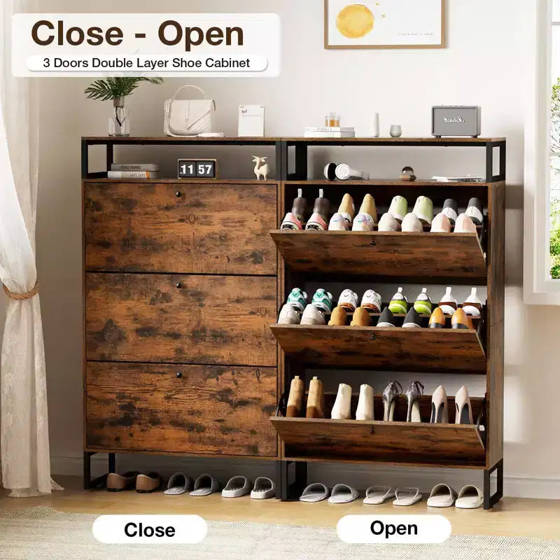 GARPROVM Meuble à chaussures en bois de style mi-siècle avec 3 portes basculantes et étagères amovibles, rangement pour chaussures d'entrée