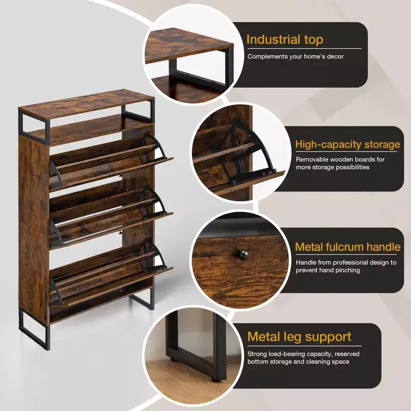GARPROVM Meuble à chaussures en bois de style mi-siècle avec 3 portes basculantes et étagères amovibles, rangement pour chaussures d'entrée