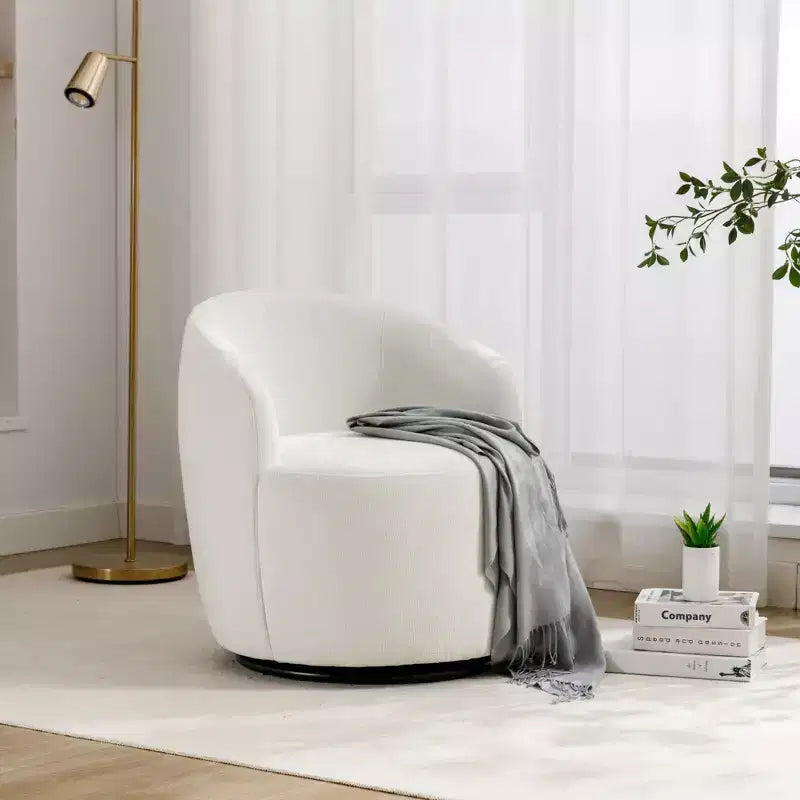 Chenille Fabric Swivel Accent Armchair Barrel Chair With Black Powder Coating Metal Ring,Ivory