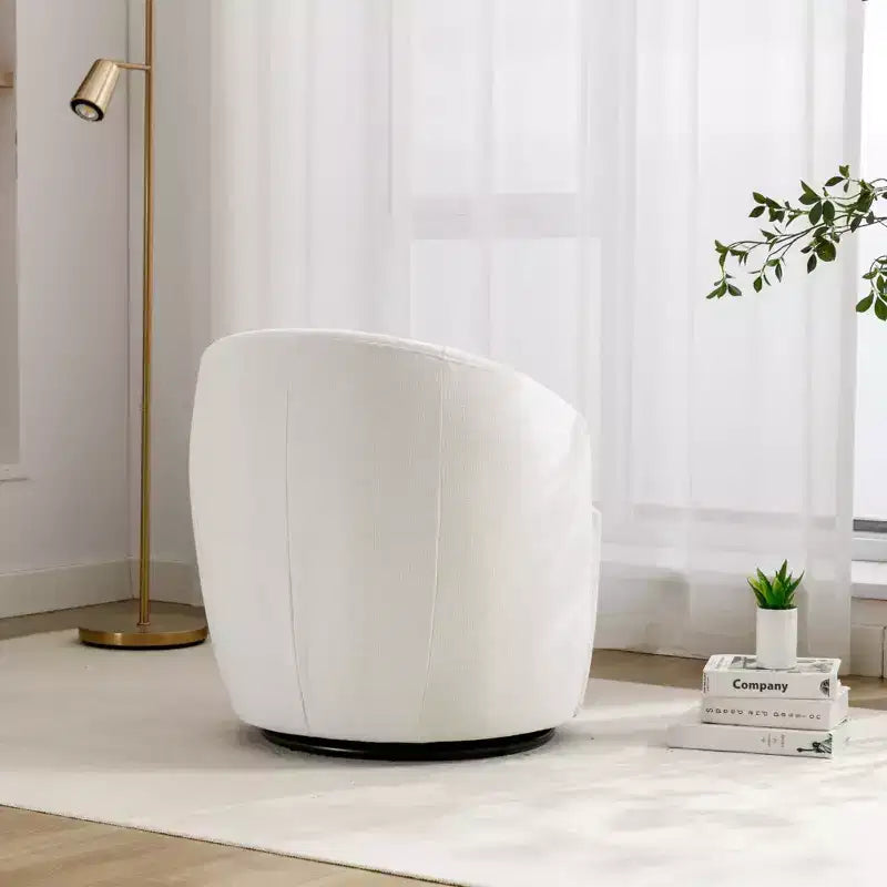 Fauteuil pivotant rond en tissu chenille avec anneau métallique thermolaqué noir, ivoire