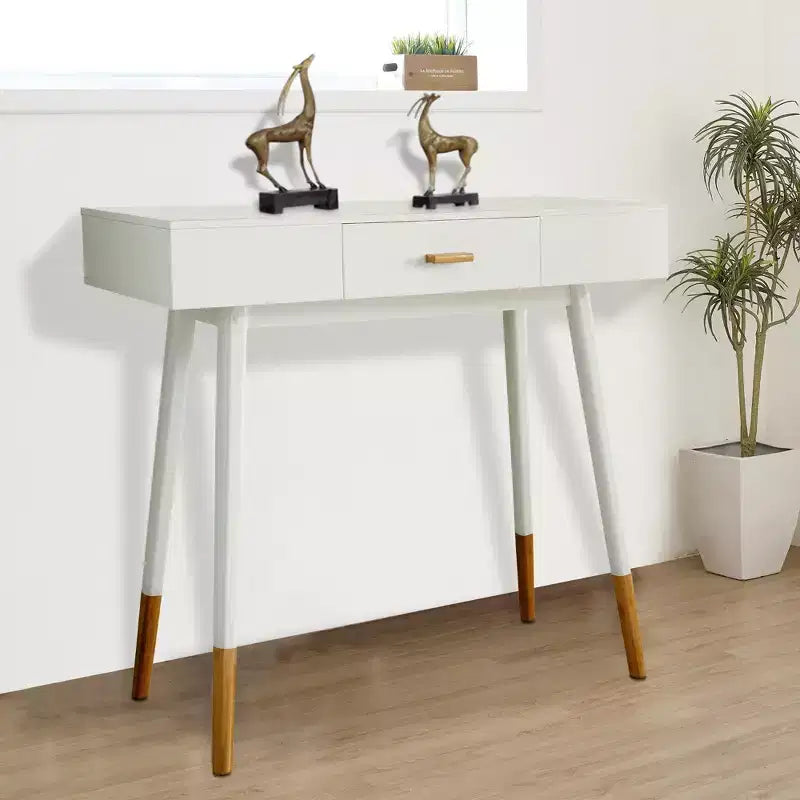 Table console eHemco Euro avec tiroir et pieds en bambou pour couloir et salon, blanc et chêne foncé