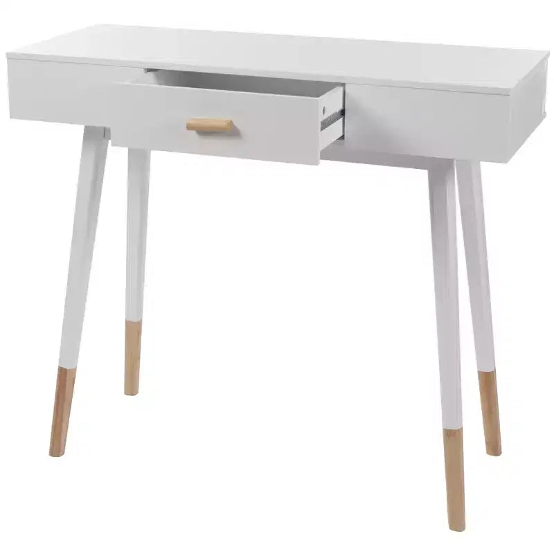 Table console eHemco Euro avec tiroir et pieds en bambou pour couloir et salon, blanc et chêne foncé