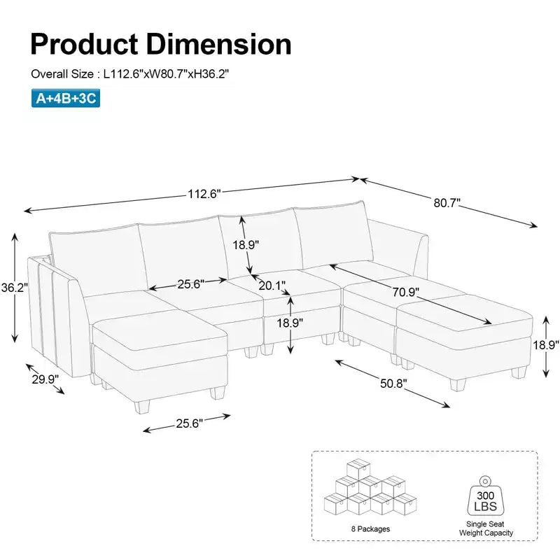 Belffin Canapé modulable en chenille grande taille, canapé en U avec rangement, chaise longue 7 places pour salon