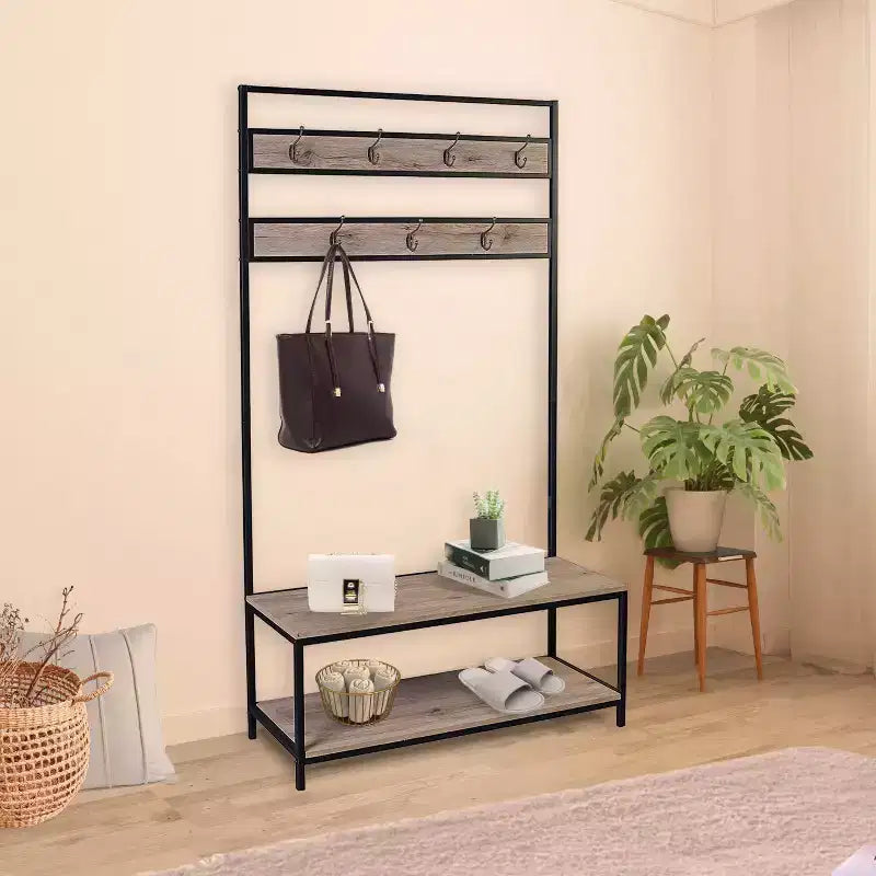 eHemco Metal and Wood Entryway Hall Tree and Coat Rack for Living Room and Hallway, with Storage Bench and 7 Hooks