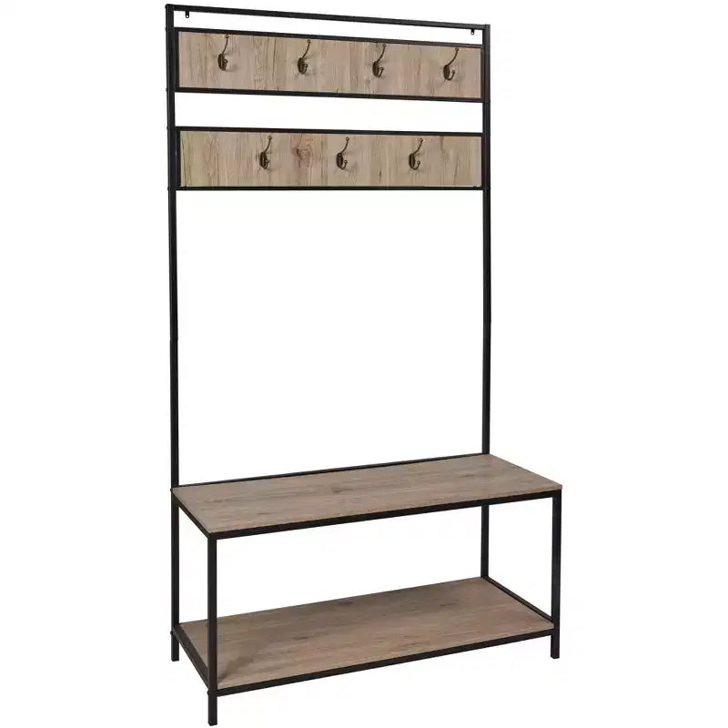eHemco Portemanteau d'entrée en métal et bois pour salon et couloir, avec banc de rangement et 7 crochets