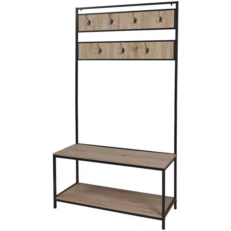 eHemco Portemanteau d'entrée en métal et bois pour salon et couloir, avec banc de rangement et 7 crochets